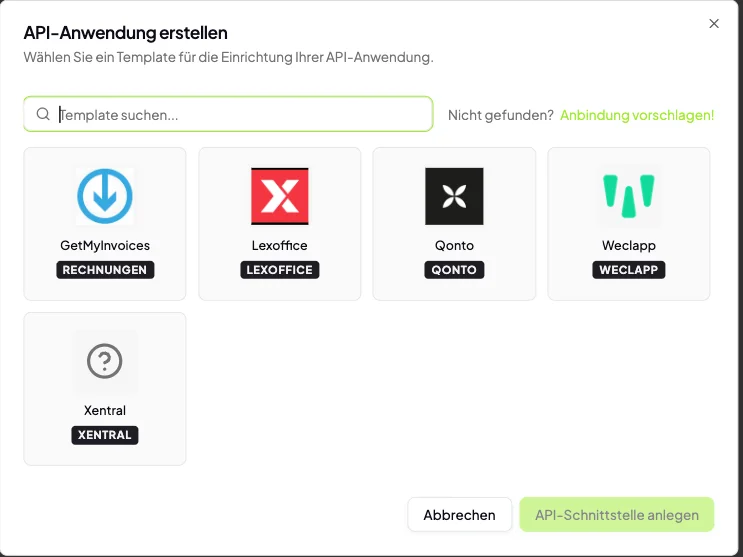 API-Anwendung erstellen: GetMyInvoices, Lexoffice, Qonto, Weclapp, Xentral