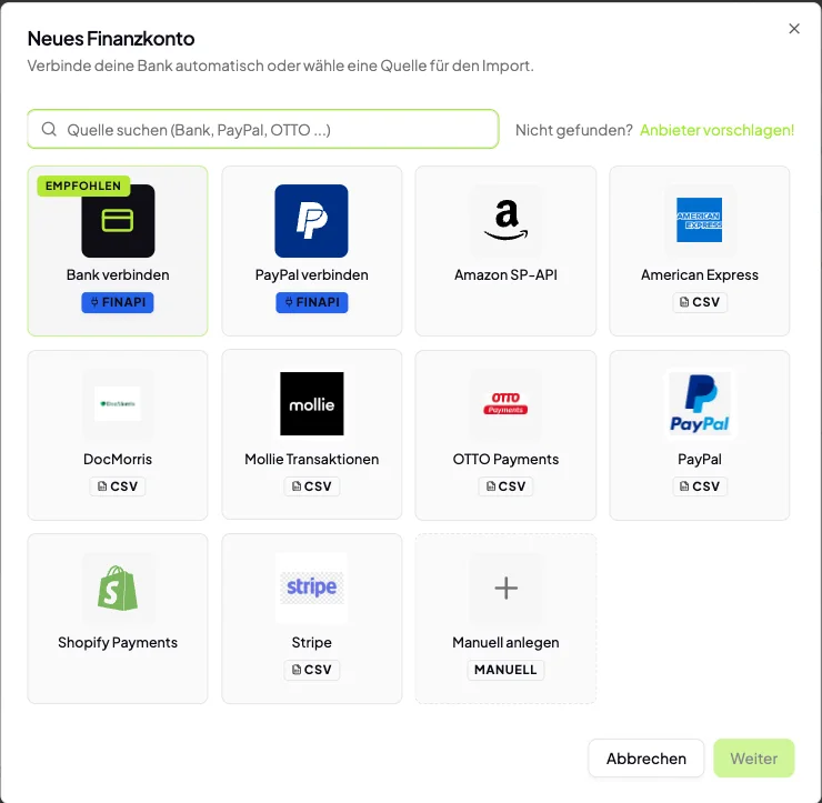Neues Finanzkonto: Bank, PayPal, Amazon SP-API, Stripe, Shopify Payments per Klick verbinden